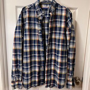Classic Navy & Orange Plaid Button-Down Flannel Shirt Casual Long Sleeve Cotton‎